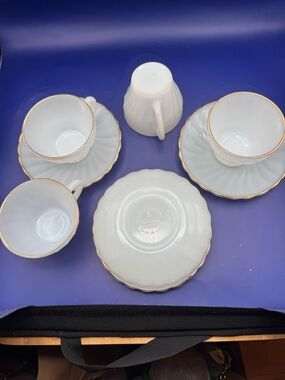 Anchor Hocking Milk Glass Tea Cup and Saucer Set with Gold Trim